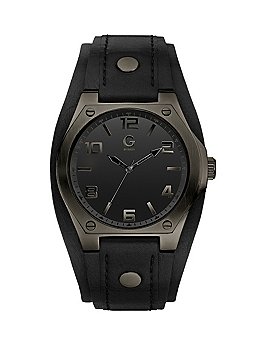 Guess Watches : G89041G1 Analog Quartz Black Dial Stainless Steel Case With Black Leather Strap Men Watch