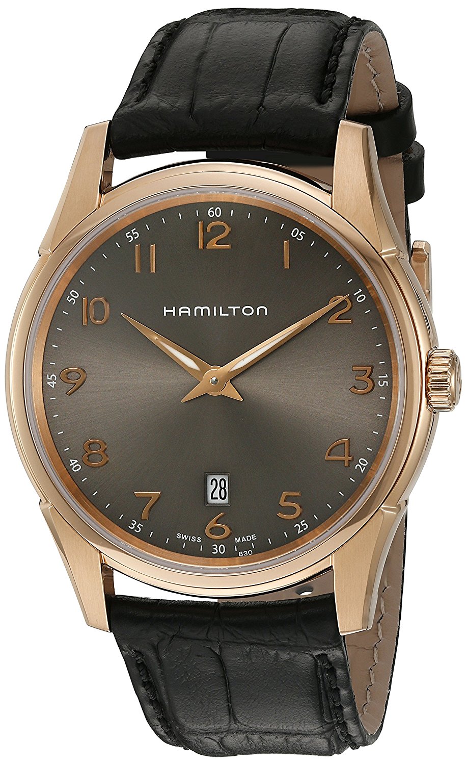 Hamilton Watches : H38541783 Quartz Analog Date Rose Gold PVD Case Black Leather Men Watch