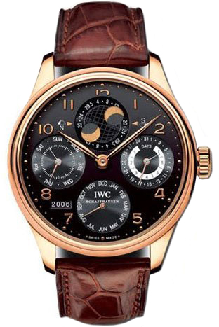 IWC Watches : IW502122 Automatic 18kt Rose Gold Black Dial Brown Crocodile Leather Band Men Watch