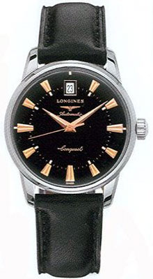 Longines Watches : L1.611.4.52.2 Automatic Black Dial Date Black Leather Men Watch