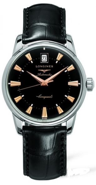 Longines Watches : L1.611.4.52.4 Automatic Stainless Steel Black With Date At 12 And Gold Hands & Hour Markers Dial Black Crocodile Leather Band Men Watch