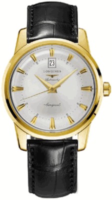 Longines Watches : L1.645.6.75.4 Automatic 18k Yellow Gold Silver With Date At 12 And Gold Hands & Hour Markers Dial Black Crocodile Leather Band Men Watch