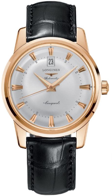 Longines Watches : L1.645.8.75.4 Automatic 18k Rose Gold Silver With Date At 12 And Gold Hands & Hour Markers Dial Black Crocodile Leather Band Men Watch
