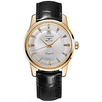 Longines Watches : L1.645.8.75.9 Automatic Silver Dial 18ct Gold Case With Black Leather Strap Men Watch