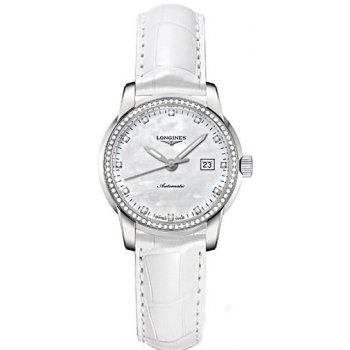 Longines Watches : L2.263.0.87.2 Automatic White Mother Of Pearl Dial Stainless Steel Case With White Leather Strap Women Watch