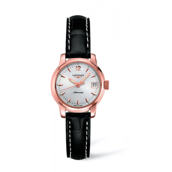 Longines Watches : L2.263.8.72.3 Automatic Black Dial 18ct Rose Gold Case With Black Leather Strap Women Watch