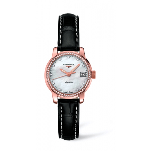 Longines Watches : L2.263.9.87.3 Automatic White Mother Of Pearl Dial 18ct Rose Gold Case With Black Leather Strap Women Watch