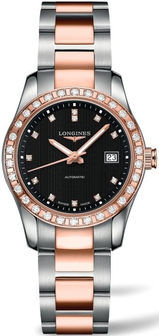 Longines Watches : L2.285.5.57.7 Automatic Black Diamond Dial Date Diamond Bezel Stainless Steel and 18k Rose Gold Women Watch