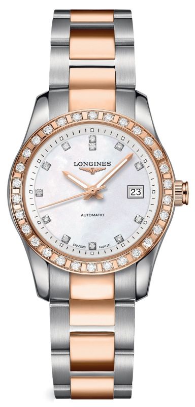 Longines Watches : L2.285.5.88.7 Automatic Mother of Pearl Diamond Dial Diamond Bezel 18ct Rose Gold and Stainless Steel Women Watch