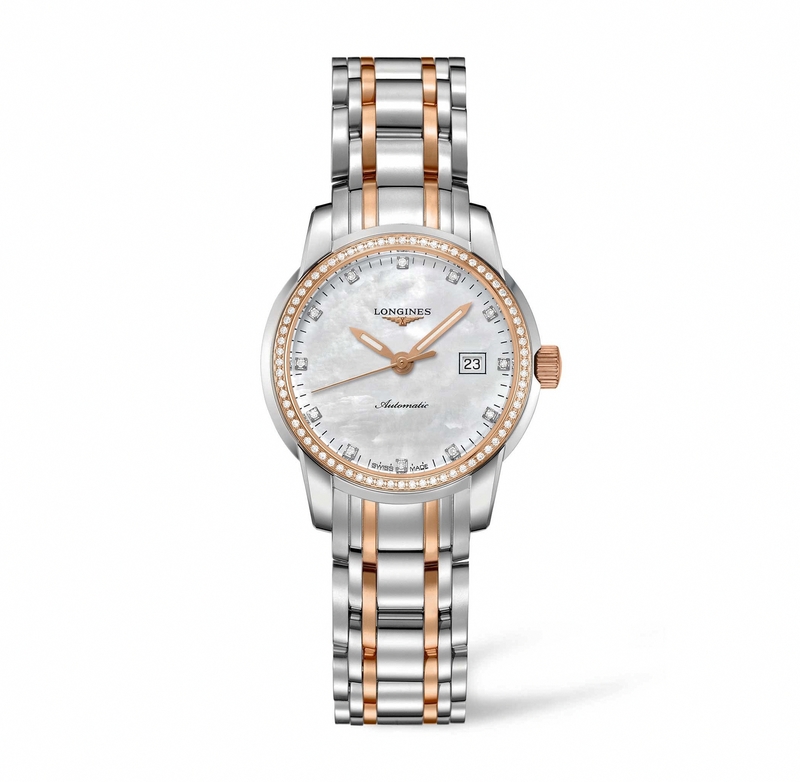 Longines Watches : L2.563.5.87.7 Automatic White Mother Of Pearl Dial 18ct Rose Gold And Stainless Steel Women Watch