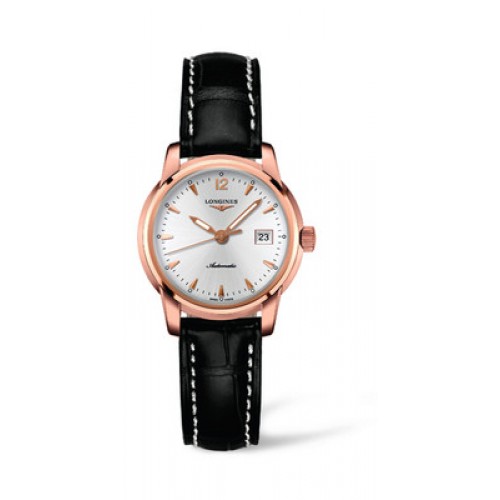 Longines Watches : L2.563.8.72.3 Automatic Silver Dial 18ct Rose Gold Case With Black Leather Strap Women Watch