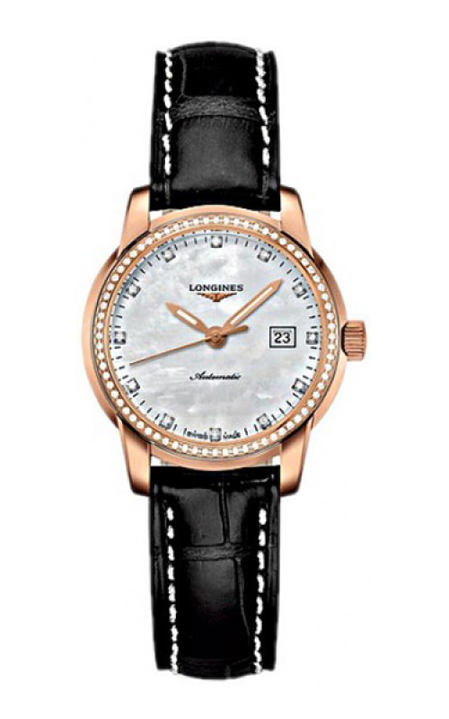 Longines Watches : L2.563.9.87.3 Automatic Silver Dial 18ct Rose Gold Case With Black Leather Strap Women Watch