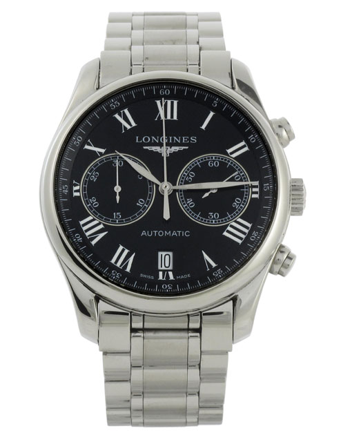 Longines Watches : L2.629.4.51.6 Automatic Brushed And Polished Stainless Steel Black Chronograph With Date At 6 Dial Brushed And Polished Stainless Steel Band Men Watch