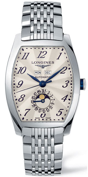 Longines Watches : L2.671.4.78.6 Automatic Polished Stainless Steel Silver With Blue Hands And Arabic Numerals, Day/date/month And Moon Phase Features Dial Polished Stainless Steel Band Men Watch