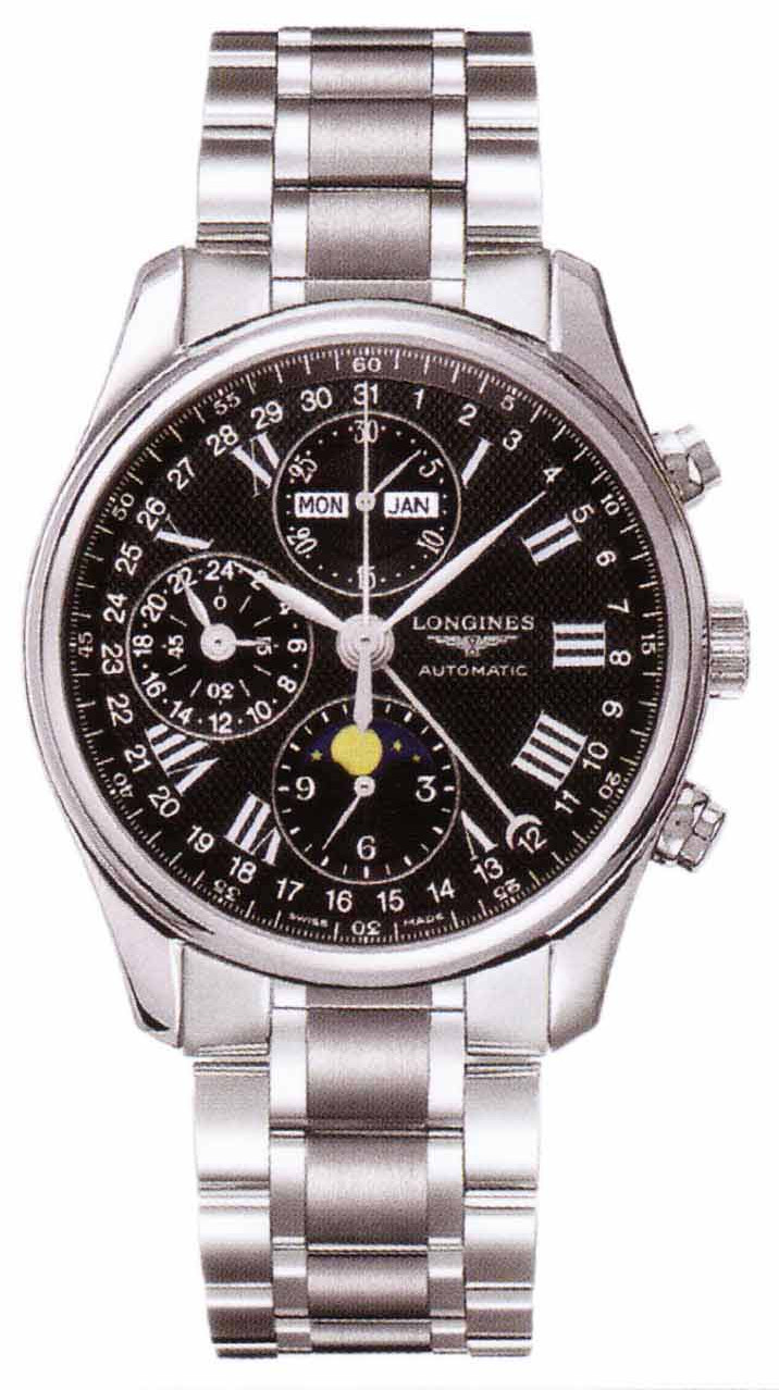 Longines Watches : L2.673.4.51.6 Automatic Brushed And Polished Stainless Steel Black Textured Roman Numeral Chronograph With Day, Date, Month And Moon Phase Features Dial Brushed And Polished Stainless Steel Band Men Watch