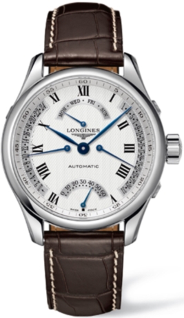 Longines Watches : L2.715.4.71.3 Longines Caliber L698 with Approx. 48 Hr. Power Reserve Polished Stainless Steel White With Retrograde Date Displayed On Right Side Of , Retrograde Seconds At 6, Gmt Second Time Zone Feature On Left Side Dial Brown Crocodi