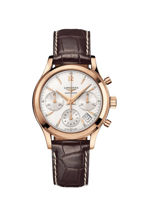 Longines Watches : L2.742.8.76.2 Automatic Silver Dial Date 18ct Rose Gold Bezel Brown Leather Men Watch