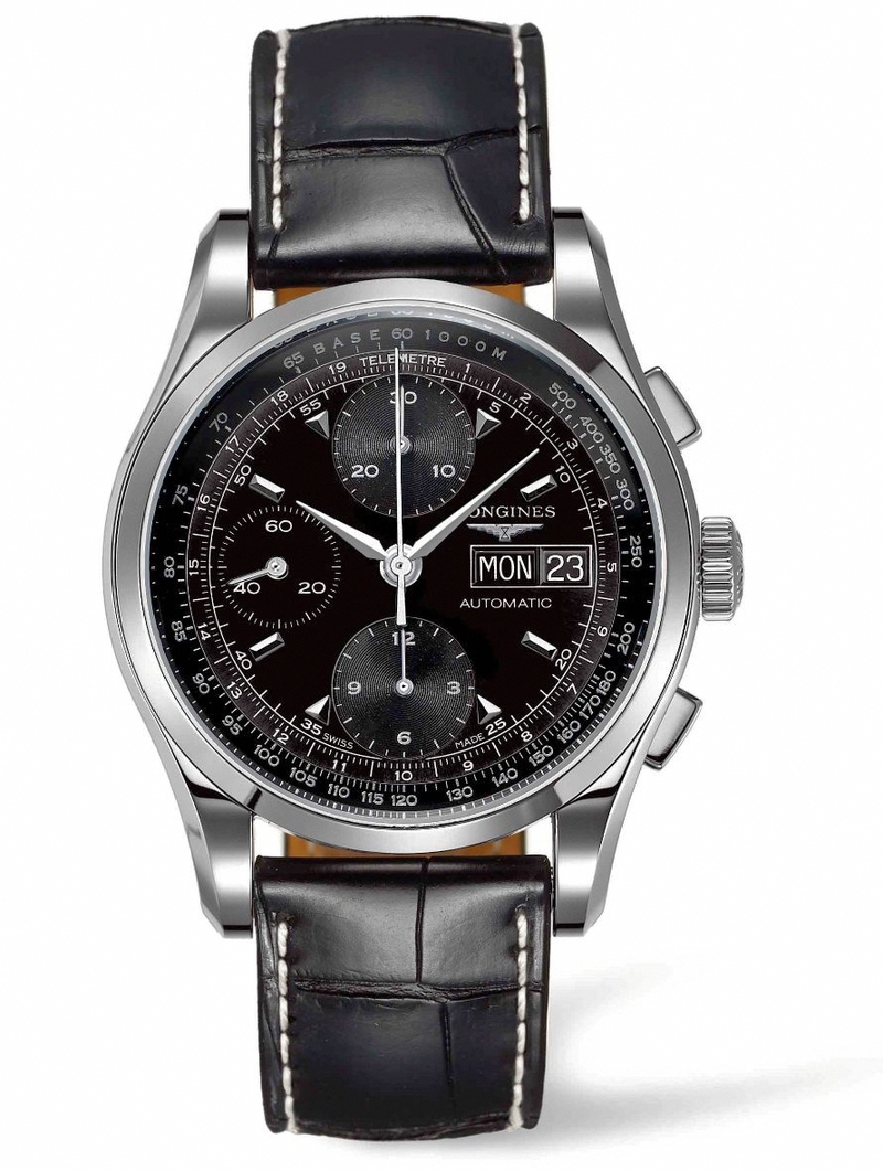 Longines Watches : L2.747.4.52.4 Automatic Heritage 1954 Black Dial Chronograph Day Date Black Leather Men Watch