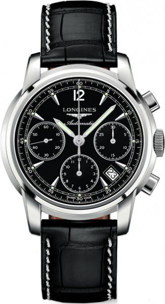Longines Watches : L2.752.4.52.3 Automatic Chronograph Black Dial Date Black Leather 41mm Men Watch