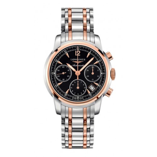 Longines Watches : L2.752.5.52.7 Automatic Black Dial 18ct Rose Gold And Stainless Steel Men Watch