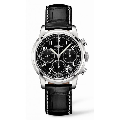 Longines Watches : L2.753.4.53.3 Automatic Chronograph Date Black Leather Men Watch