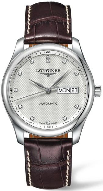 Longines Watches : L2.755.4.77.3 Automatic Diamond Hour Markers Dial Day Date Brown Alligator Strap Men Watch