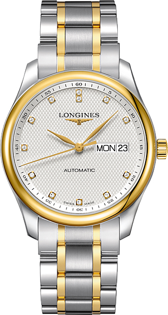 Longines Watches : L2.755.5.77.7 Automatic Silver Diamonds Dial Day Date Stainless Steel and 18ct Gold Men Watch