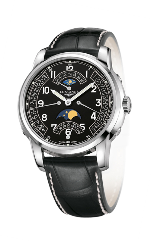 Longines Watches : L2.764.4.53.3 Automatic Black Dial Day Date Small Second Second Time Zone Moon Phase Black Leather Men Watch