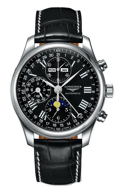 Longines Watches : L2.773.4.51.8 Automatic Chronograph Moon Phase Black Leather Men Watch