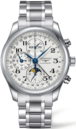 Longines Watches : L2.773.4.78.6 Automatic Brushed And Polished Stainless Steel Silver Textured Roman Numeral Chronograph With Day, Date, Month And Moon Phase Features Dial Brushed And Polished Stainless Steel Band Men Watch