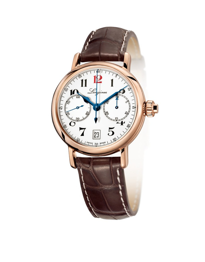 Longines Watches : L2.775.8.23.3 Automatic White Dial Chronograph Date 18ct Rose Gold Bezel Brown Leather Men Watch