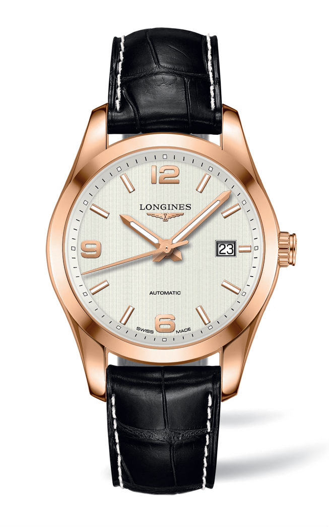 Longines Watches : L2.785.8.76.3 Automatic Analog Date 18ct Rose Gold Case Black Alligator Men Watch