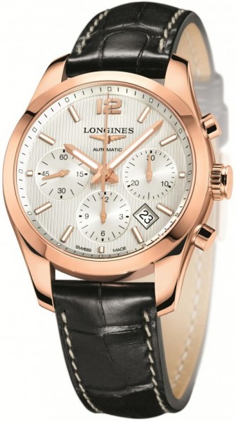 Longines Watches : L2.786.8.76.3 Automatic Chronograph Date 18ct Rose Gold Case Black Alligator Strap Men Watch