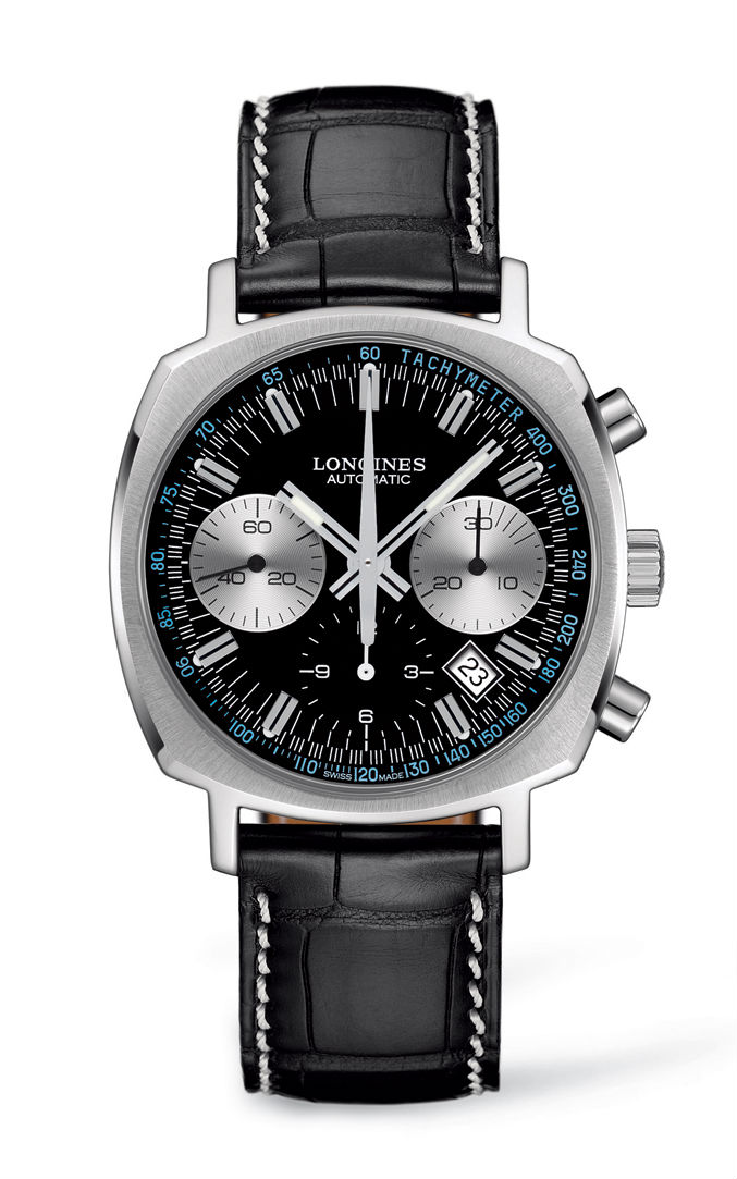 Longines Watches : L2.791.4.52.0 Automatic Chronograph Date Black Alligator Square Men Watch