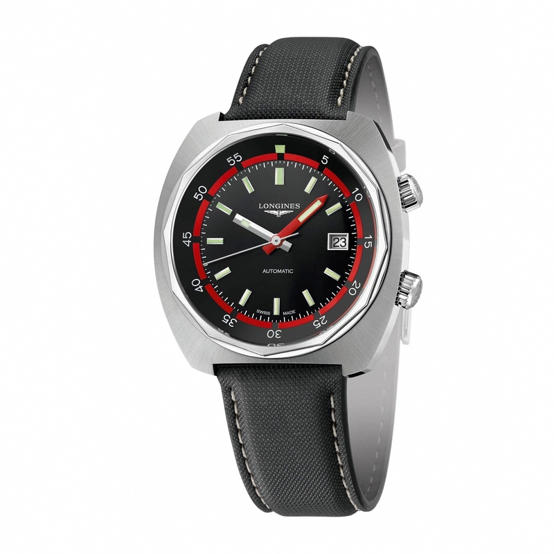 Longines Watches : L2.795.4.52.0 Automatic Black Dial Date Black Synthetic Strap Men Watch