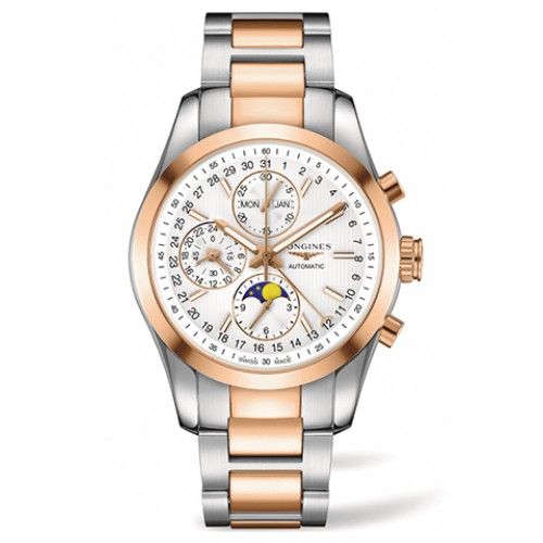Longines Watches : L2.798.5.72.7 Automatic Moon Phase 18ct Rose Gold and Stainless Steel Men Watch