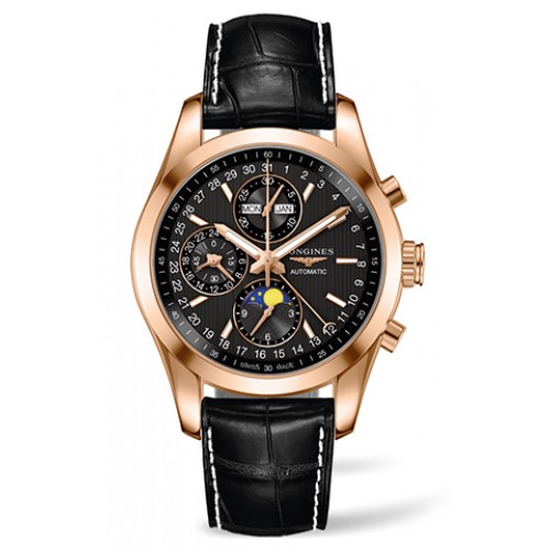 Longines Watches : L2.798.8.52.3 Automatic 18ct Rose Gold Case Black Alligator Strap Men Watch
