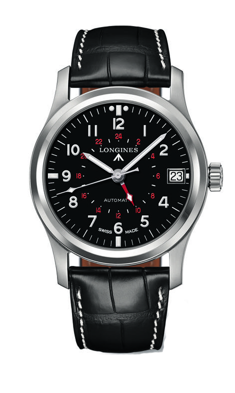 Longines Watches : L2.831.4.53.0 Automatic Black Dial Date Second Time Zone Black Leather Men Watch