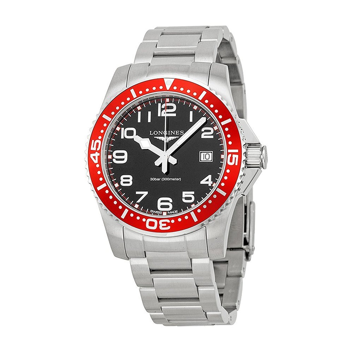 Longines Watches : L36894596 Black Dial Uni-directional Rotating Red Band Men Watch