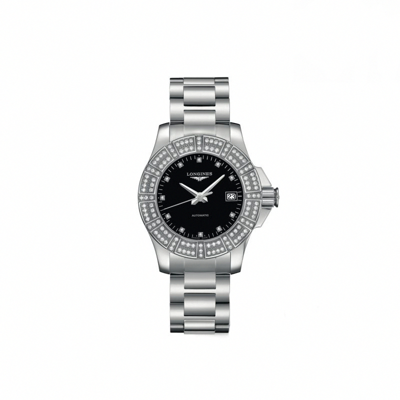 Longines Watches : L3.180.0.57.6 Automatic Black Diamonds Dial Diamonds Bezel Stainless Steel Women Watch