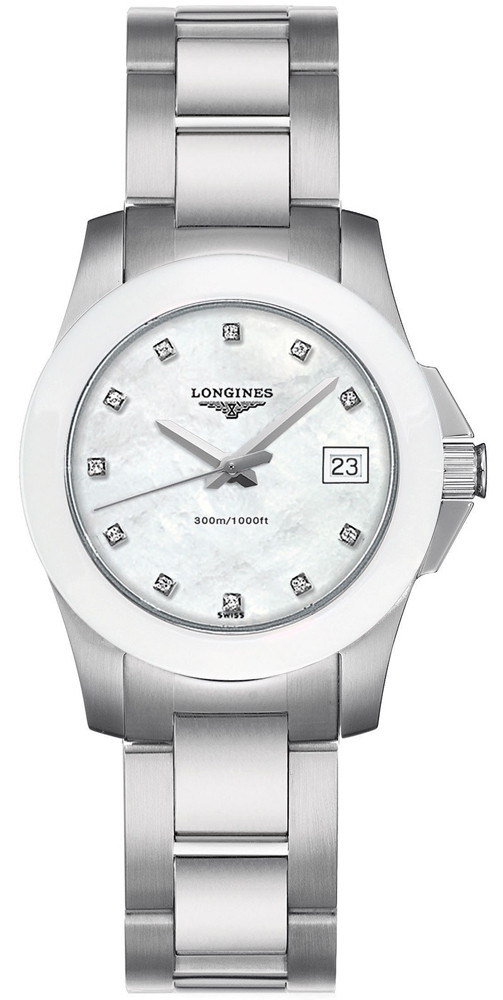 Longines Watches : L3.257.4.87.6 Quartz Mother of Pearl Diamonds Dial White Ceramic Bezel Stainless Steel Women Watch