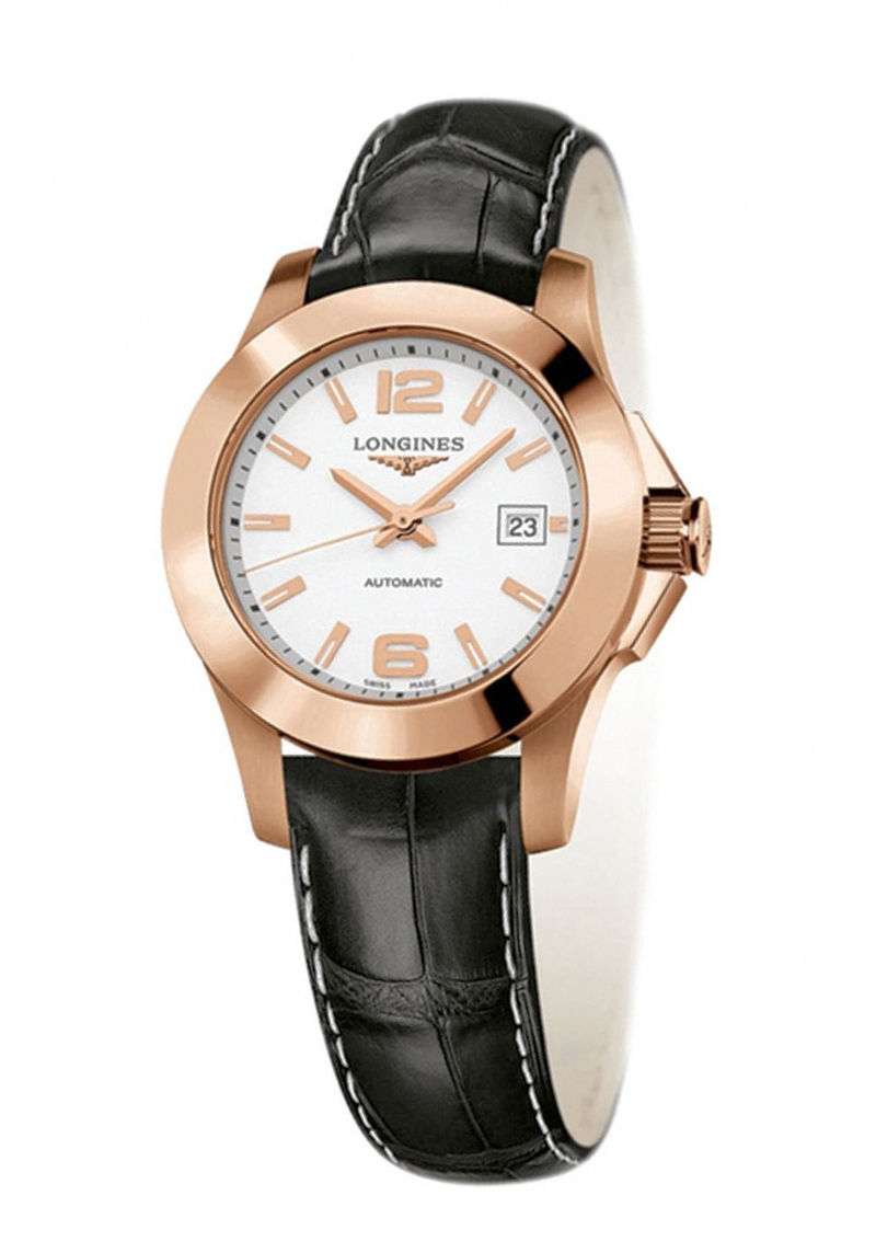 Longines Watches : L3.276.8.16.3 Automatic White Dial 18ct Rose Gold Bezel Black Leather Women Watch