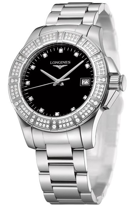 Longines Watches : L3.280.0.57.6 Quartz BlackDiamonds Date Dial Diamonds Bezel Stainless Steel Women Watch