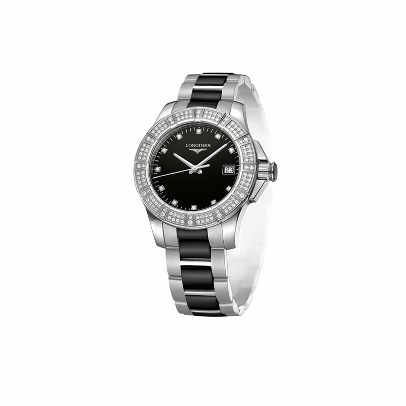 Longines Watches : L3.280.0.57.7 Quartz Black Diamonds Dial Diamonds Bezel Stainless Steel and Black Ceramic Women Watch