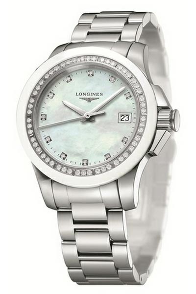 Longines Watches : L3.281.0.87.6 Quartz Mother of Pearl Diamonds Dial Diamonds Set Ceramic Bezel Stainless Steel Women Watch