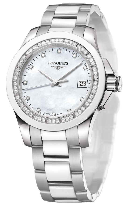 Longines Watches : L3.281.0.87.7 Quartz Mother of Pearl Diamonds Dial Date Stainless Steel and White Ceramic Women Watch