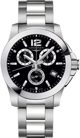 Longines Watches : L3.660.4.56.6 Quartz Chronograph Black Dial Date Stainless Steel Men Watch
