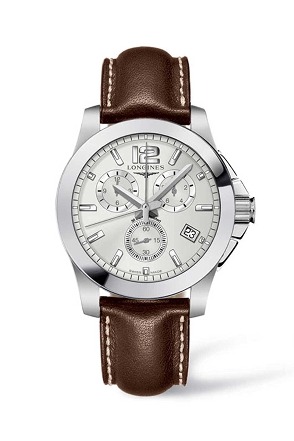 Longines Watches : L3.660.4.76.5 Quartz Chronograph Date Brown Leather Men Watch