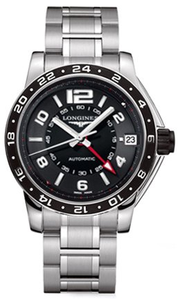 Longines Watches : L3.668.4.56.6 Automatic Black Dial GMT Second Time Zone Date Stainless Steel Men Watch