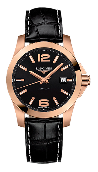 Longines Watches : L3.676.8.56.3 Automatic Black Dial 18ct Rose Gold Bezel Black Leather Men Watch
